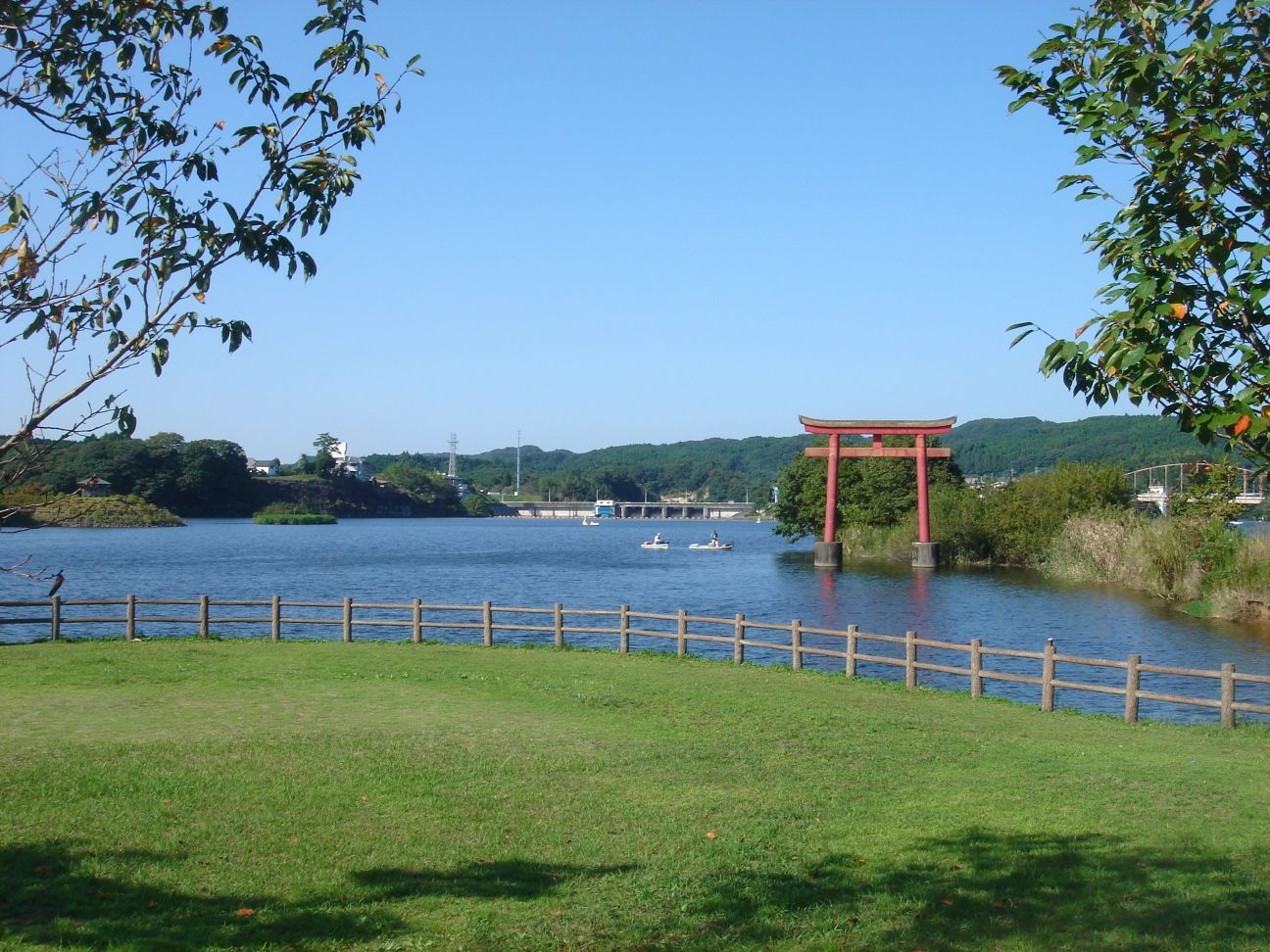 亀山湖畔の鳥居と芝生
